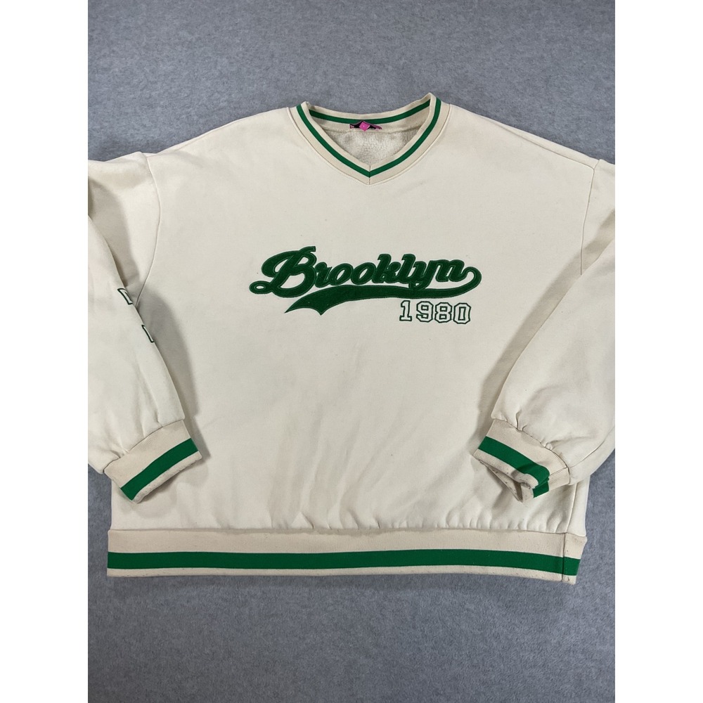 Edikted Brooklyn 1980 Varsity Sweatshirt Cream Green V-Neck Oversized Large 2582